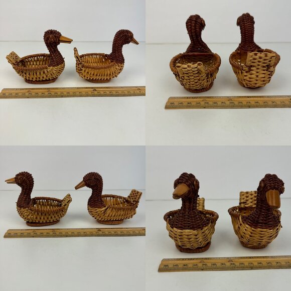 2 Small Vtg Tan Wicker Rattan Woven Ducks Geese Goose Tabletop Decor Planter - Picture 4 of 13